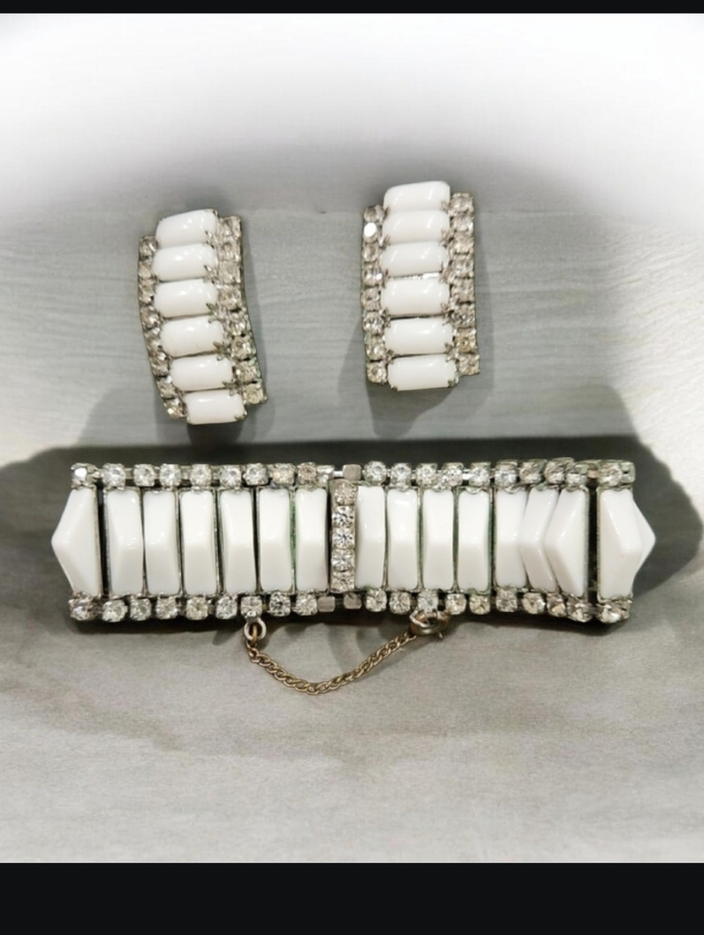 Kramer Of New York White Milkglass  Rhinestone Bracelet Matching Clip Earrings